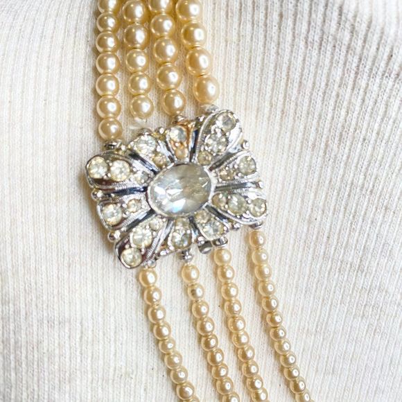 Layered Graduated Necklace Pearlesque Beads With Clear Rhinestones Clasp - Picture 9 of 13